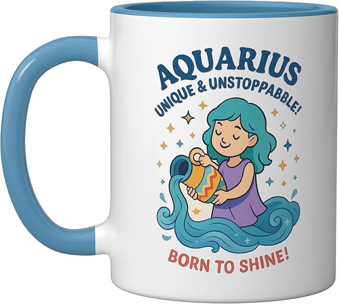 Aquarius Sign Of Zodiac Cute For Kids Ceramic Mug, Blue/White