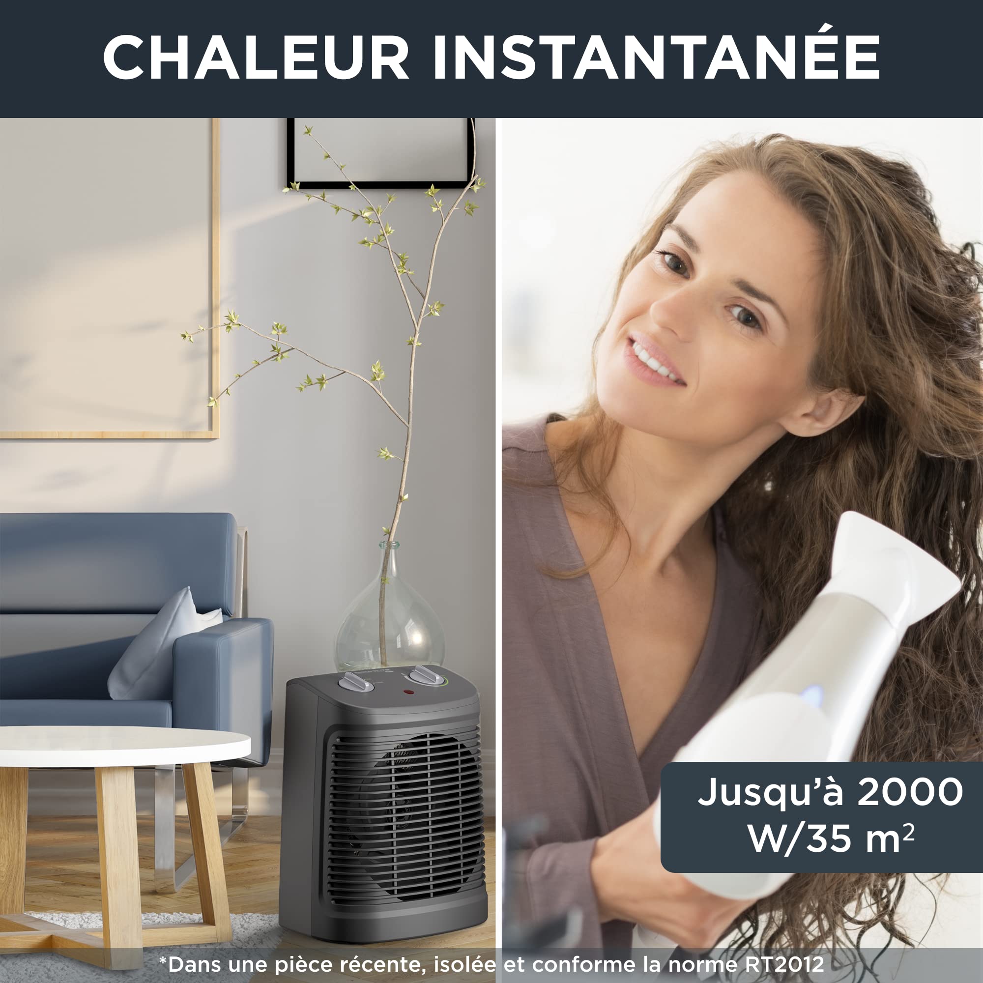 Rowenta Instant Comfort Compact Radiateur soufflant classique, Chauffage d'appoint, 2 modes de puissance, Chauffage silencieux, Compact, Transport et rangement faciles, Sécurité automatique SO2320F2