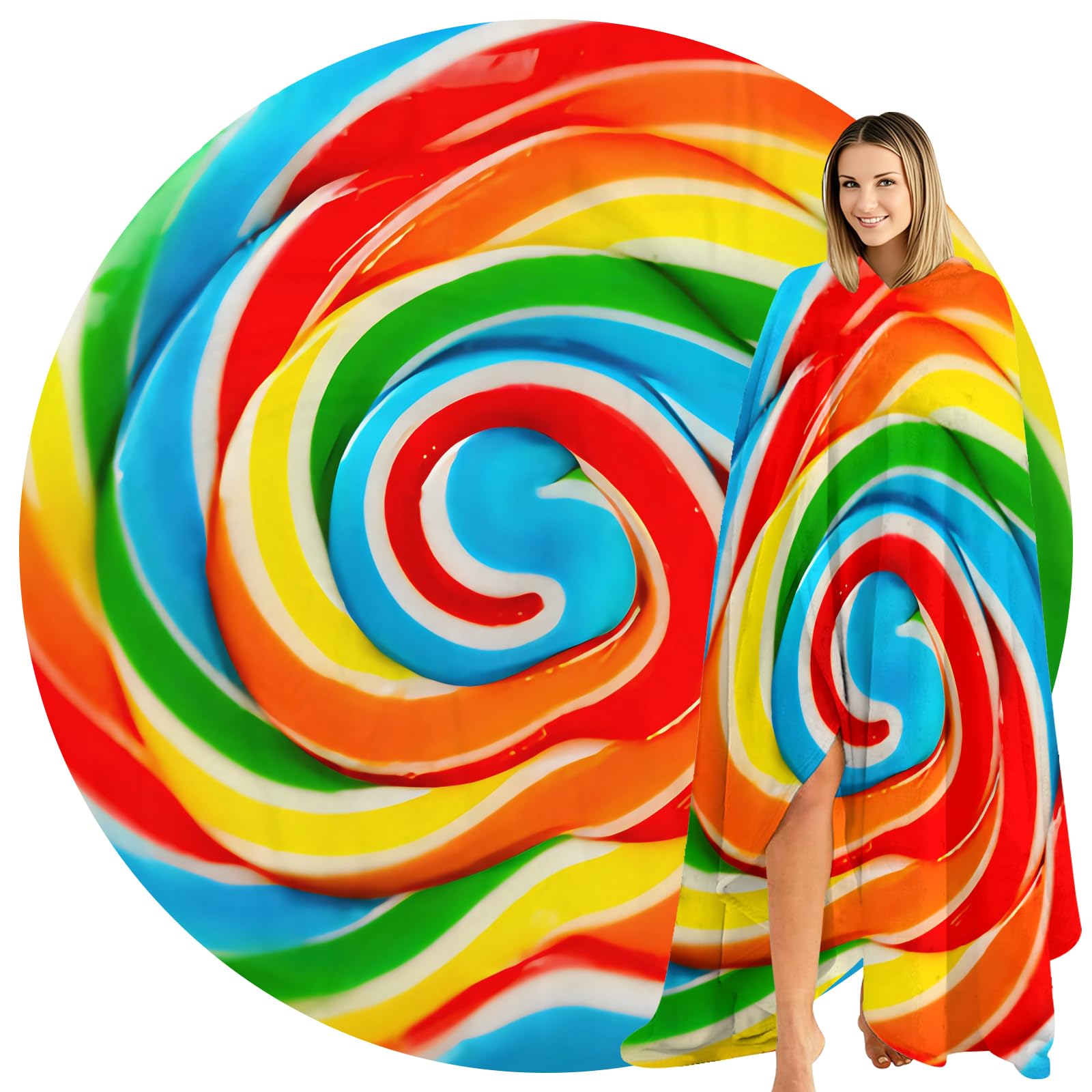 Abaysto Rainbow Lollipop Throw Blanket for Nursery Toddler Baby Kids Plush Round Food Blanket Gifts for Adults Boys, Girls 180CM