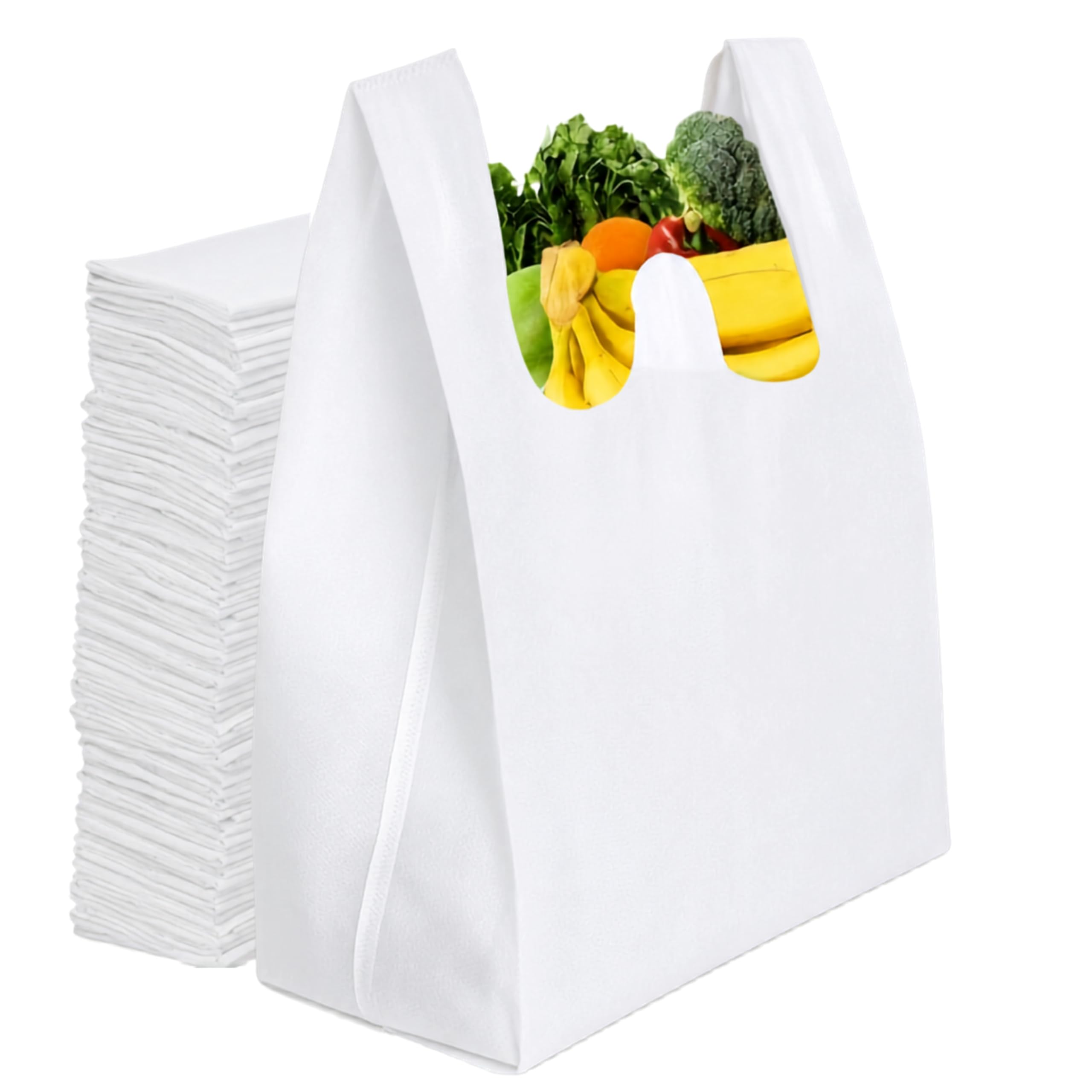 Simply Cool 200 Pack Reusable Grocery Bags Eco-Friendly T-Shirt Shopping Bags 21.5”x12.2”x7.2” Durable Recyclable Shopping Bags Washable, Foldable, Portable Tote Bags Bulk, White