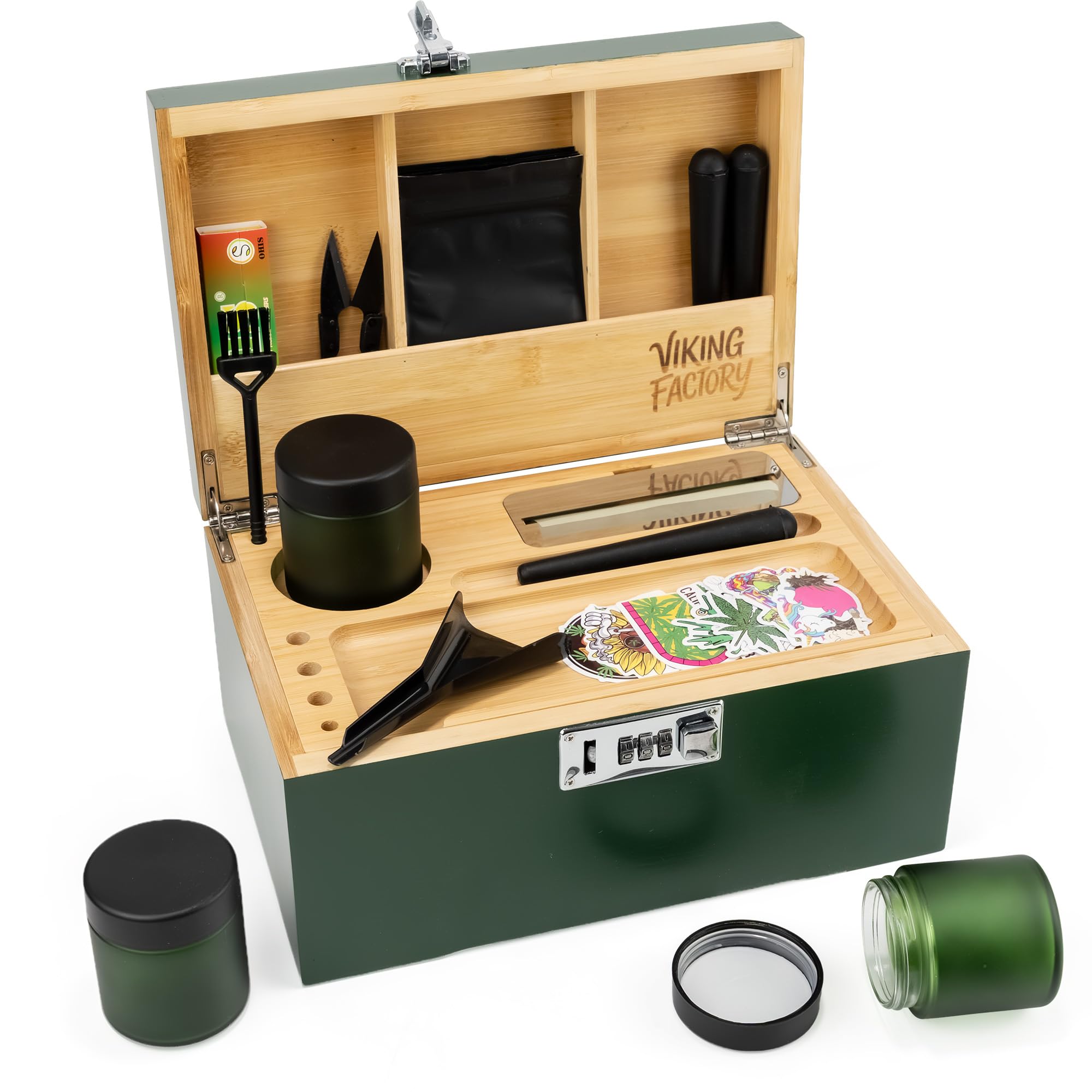 Viking Factory Large Lockable Bamboo Storage Box with Removable Tray and Combination Lock, 19-Piece Wooden Organizer Set with Jars, Accessories and Padded Interior for Personal Storage (Green)