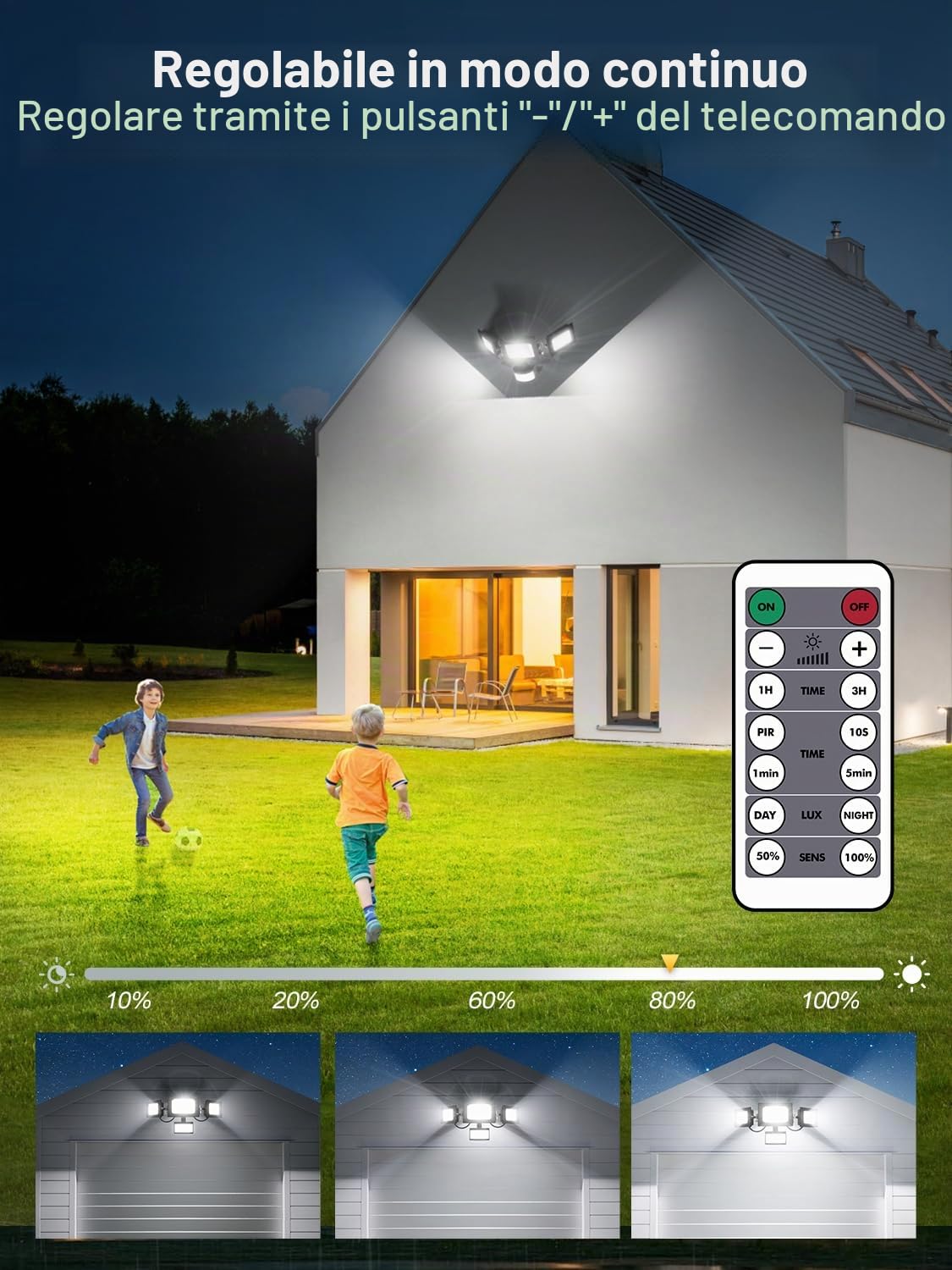 Faretto LED con sensore di movimento per esterni, faretto da esterno 100W 10000LM con 3 teste regolabili, farettos LED bianco freddo 6500K con telecomando, faretto impermeabile IP65