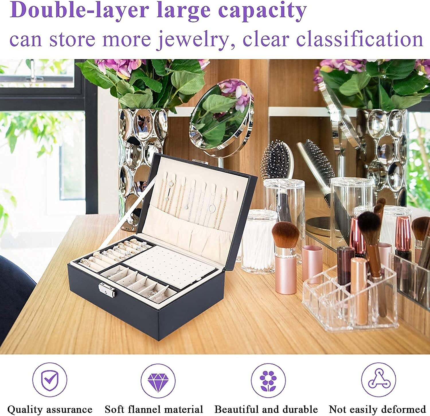 Schmuckschatulle, große kreative Schmuckschatulle für Damen und Mädchen, doppelschichtig, abschließbar, PU-Leder, Schmuck-Organizer, Aufbewahrungskoffer mit abnehmbarer Trennwand,