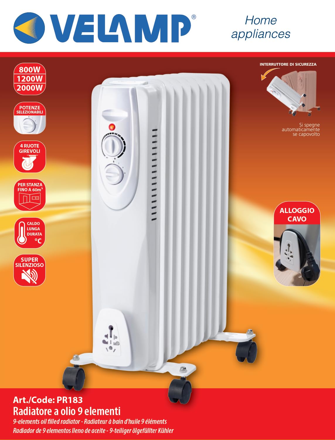 Velamp Radiatore ad Olio 9 elementi 2000 W – riscaldamento silenzioso e uniforme, 9 lamelle efficienti, termostato regolabile, ruote trasportabili