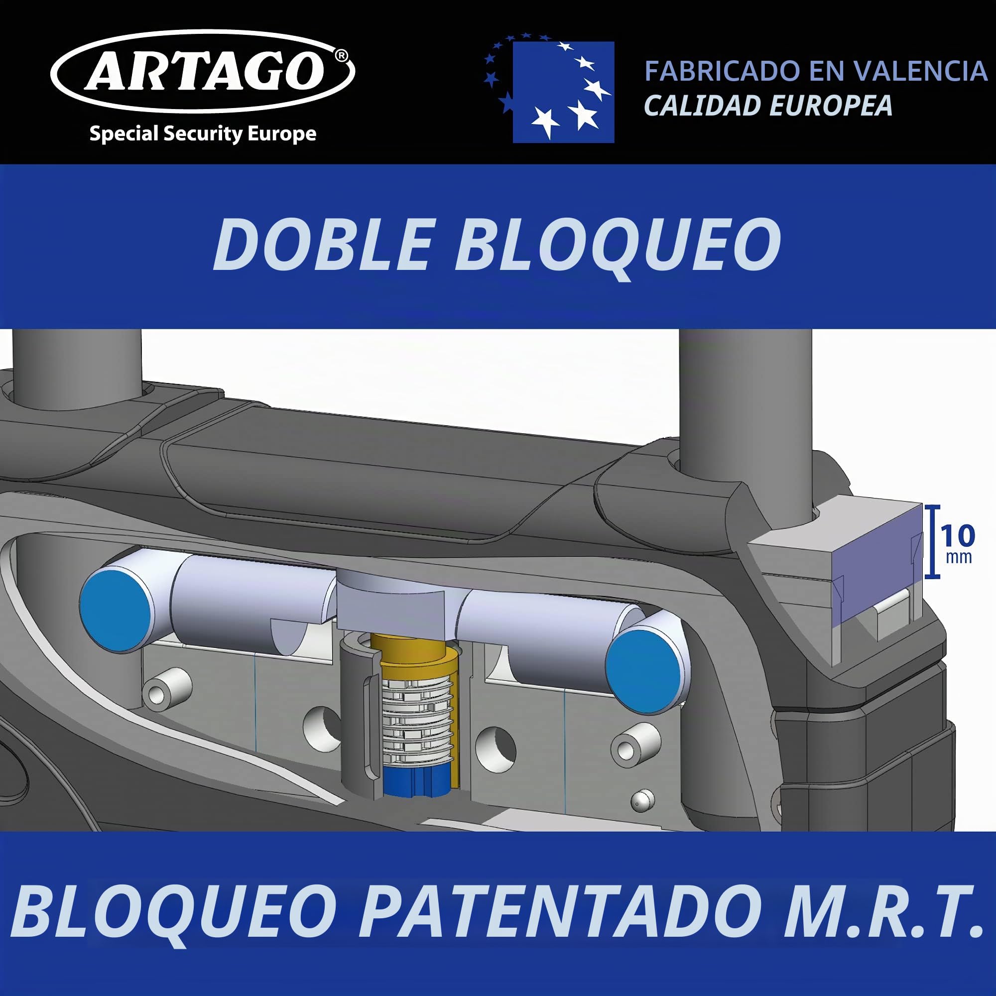 ARTAGO 18ART270 Candado Moto Alta Gama, Antirrobo U Nivel BUNKER Homologado SRA, Sold Secure Gold, ART4, Puro Acero Endurecido 18mm, Doble Cierre Blindado, Cerradura con Disco 5mm Anti-Taladro, 85x270