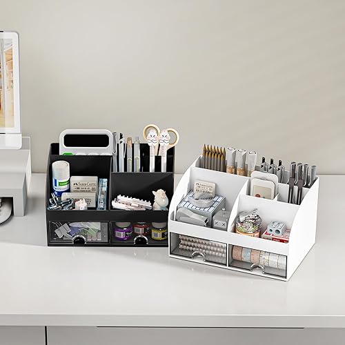 Miniatura 5 de Organizador de escritorio con 6 compartimentos y 2 cajones, organizador de maquillaje de plástico, soporte para bolígrafos para almacenamiento de