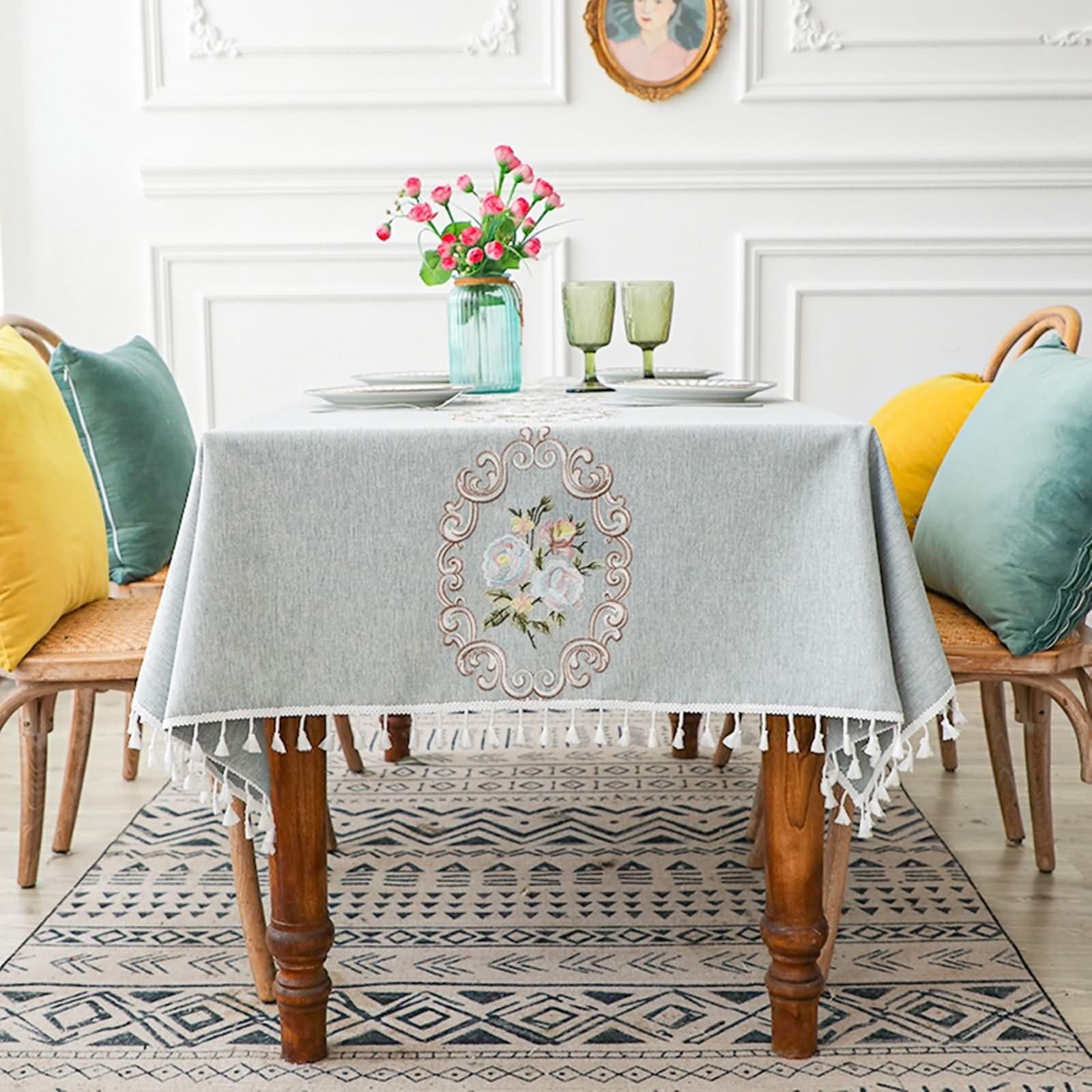 Blau Grau Tischdecke Rechteckig 140 x 260 cm, Polyester Blumenstickerei mit Quasten, Elegante Tischdecke