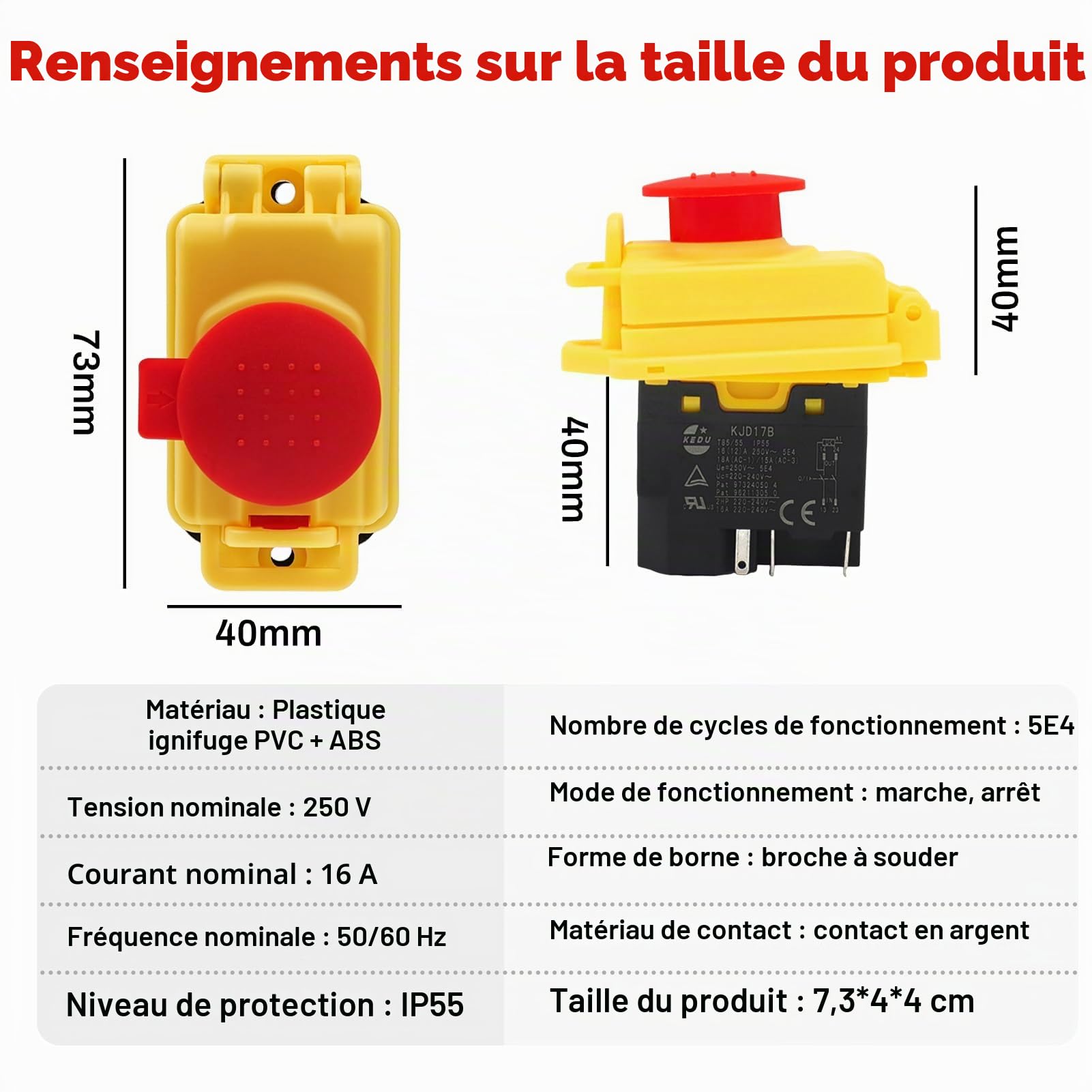Interrupteur de sécurité pour machine KJD17B 5 broches 250 V 16 A Interrupteur électromagnétique pour machine Interrupteur à bouton-poussoir IP55 Interrupteur étanche Interrupteur encastrable