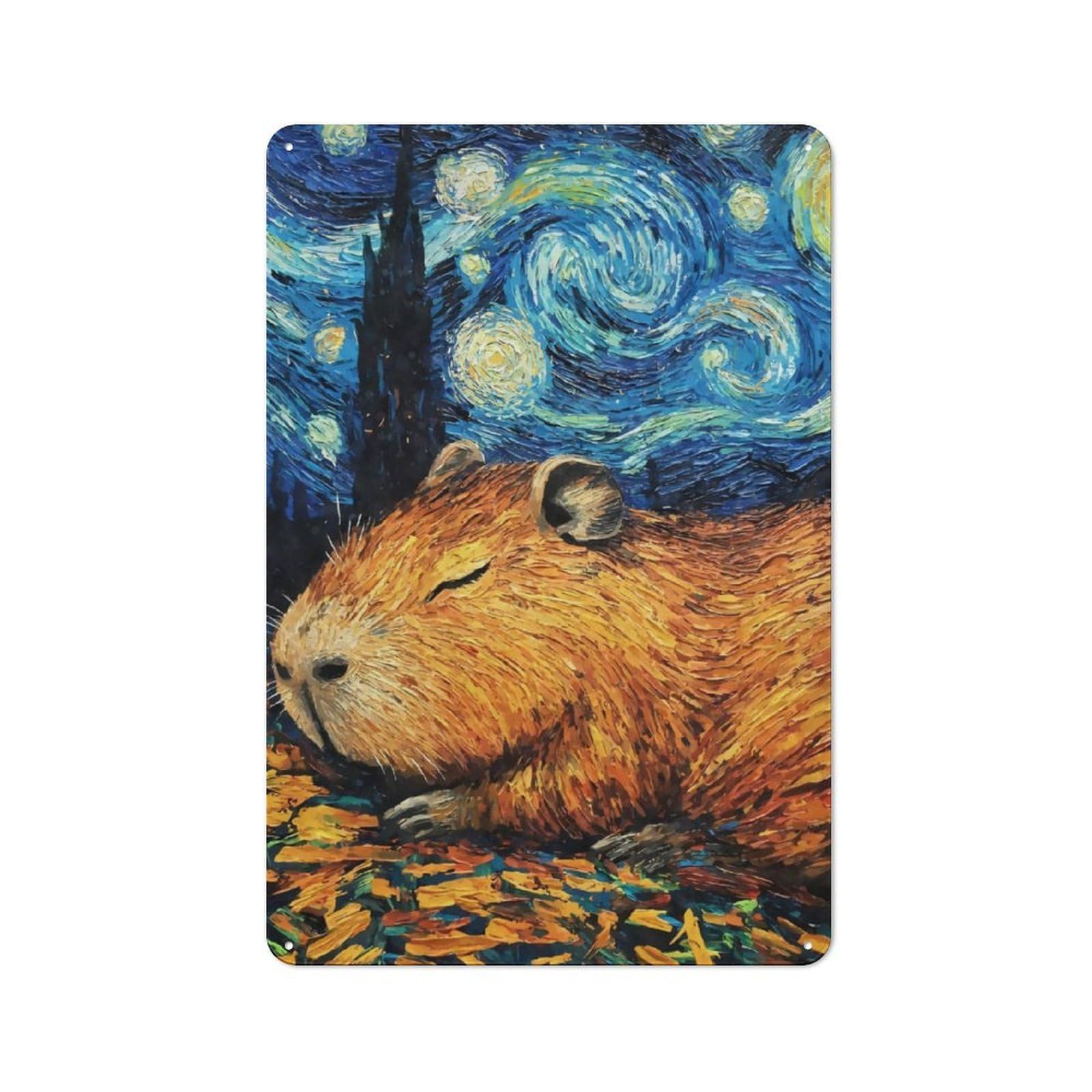 Junmoney Capybara Sleeping Starry Night Vintage Tin Sign 30X20cm With For Home Office Or Studio, Winter Wall Decor For Creative Workspace Decorators