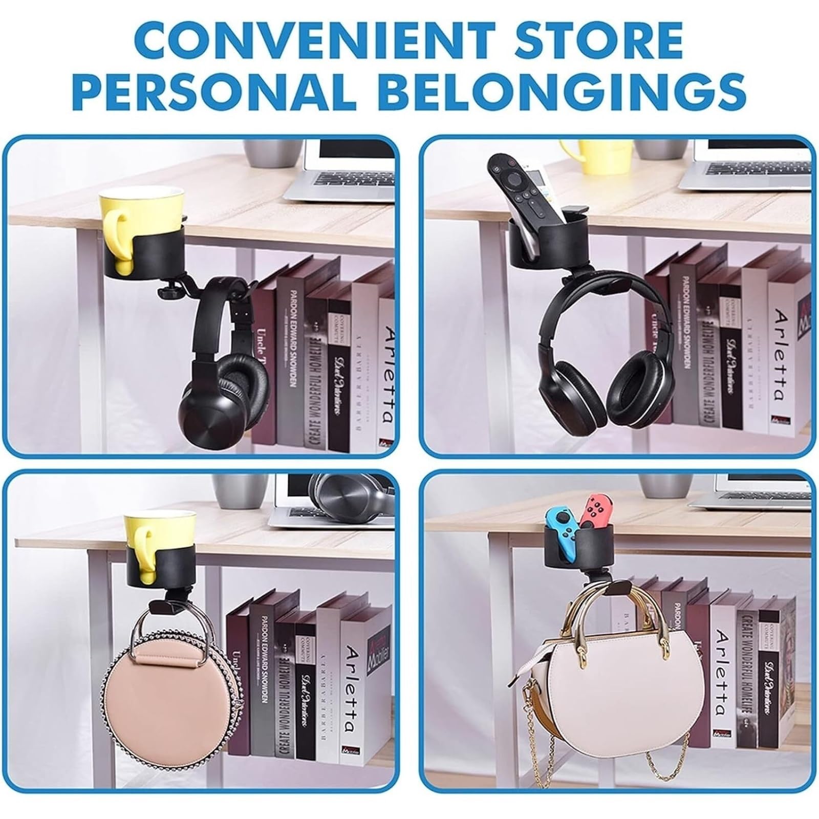 Gaming Accessori Morsetto Portabicchieri da Scrivania 2 in 1, Supporto per Cuffie sotto Il Tavolo, Gancio di Rotazione A 360° Stand Over-Ear da Gioco