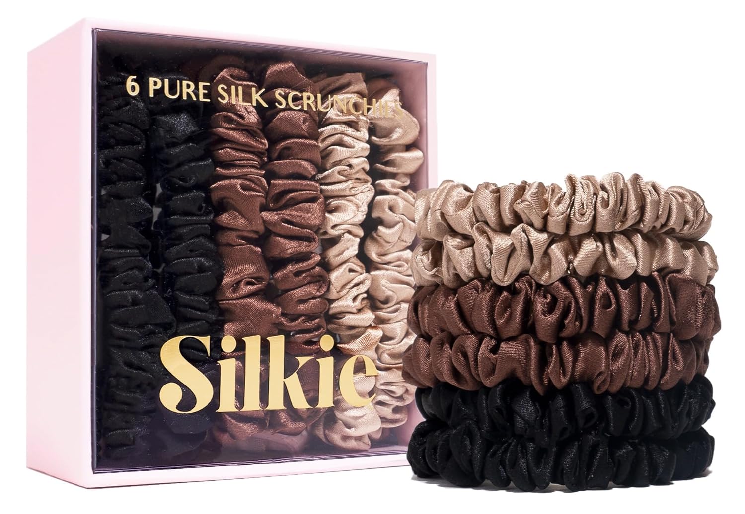 SILKIE x6 Set 100% Pure Mulberry Silk Black Brown Chocolate Pink Nude Neutral Skinny Scrunchies Travel Pouch Everyday Hair Ties Elastics Hair Care Ponytail Holder No Damage (Truffle)