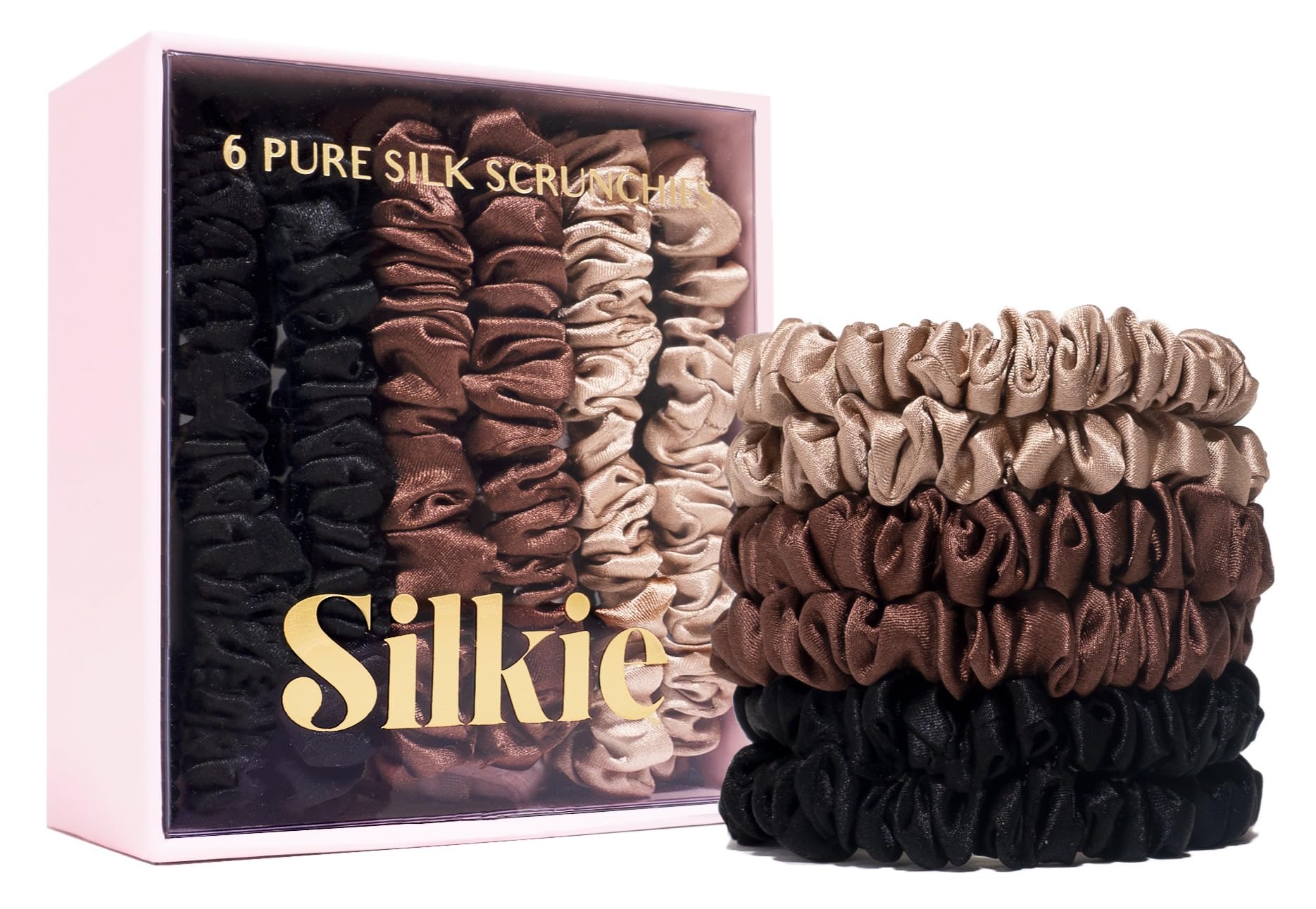 Silkie Set Di 6 Elastici Per Capelli In 100% Pura Seta Di Gelso Nero, Marrone, Cioccolato, Rosa, Nudo Neutro, Magri, Da Viaggio, Elastici Per La Cura Dei Capelli, Elastici Per Coda Di Cavallo, Nessun-image
