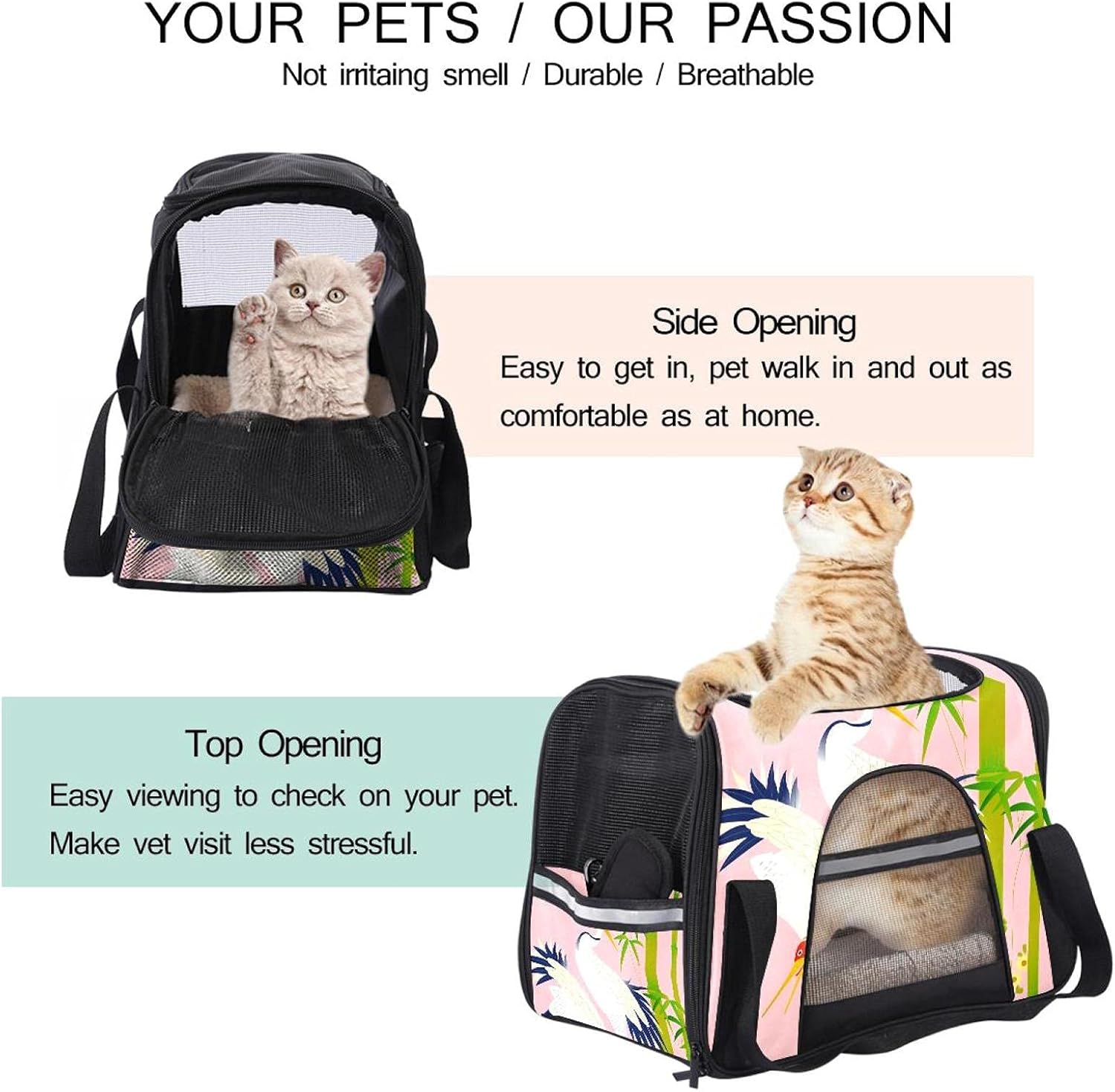 ペットパック 和柄 鶴 竹 ペットキャリーバッグ 猫・小型犬用 マット付き 通気性 軽量 携帯しやすい 車載/旅行/通院/アウトドア