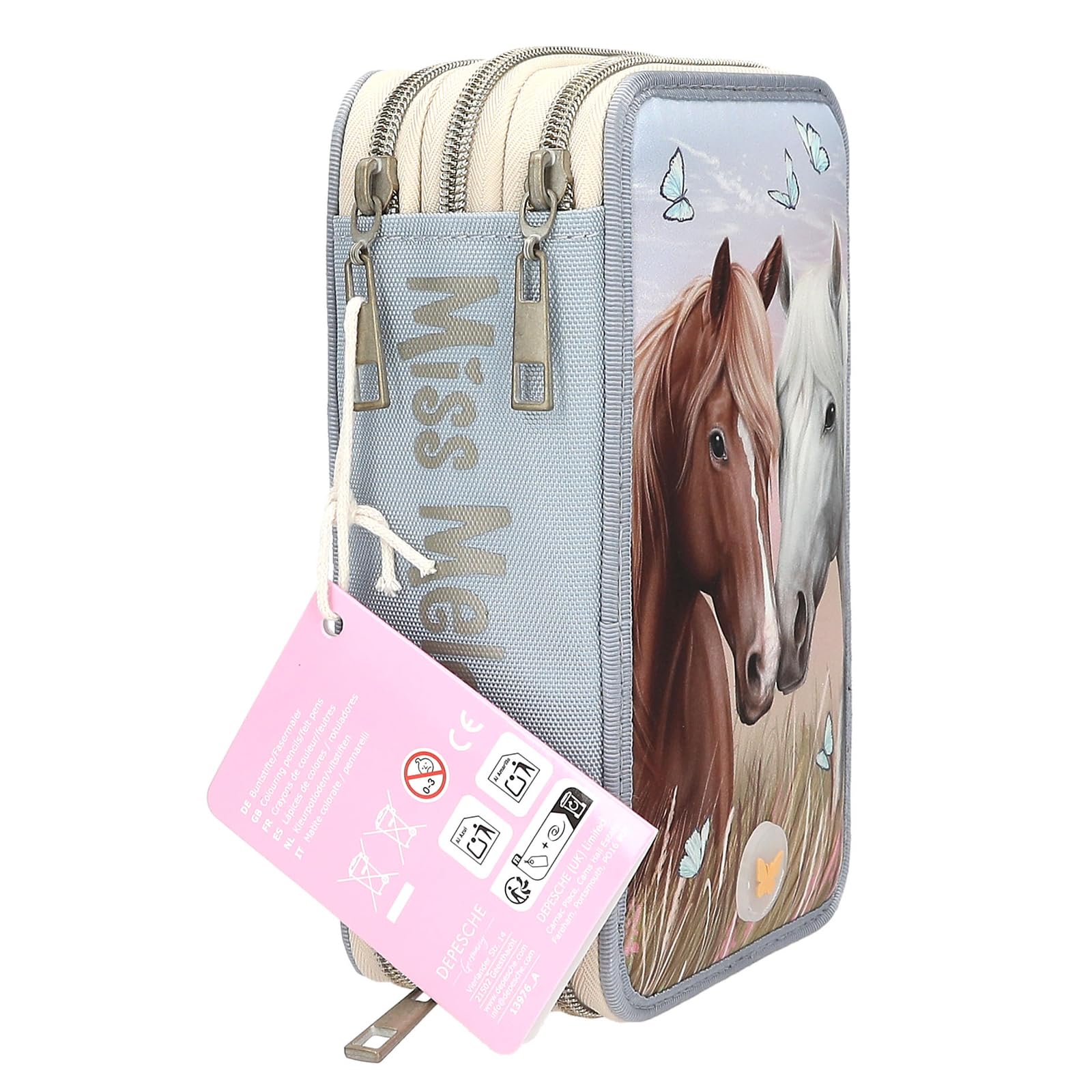 Depesche Miss Melody 3-Fach Federtasche Hellblau Beige Pferde Motiv LED-Licht Schmetterlinge Federmappe
