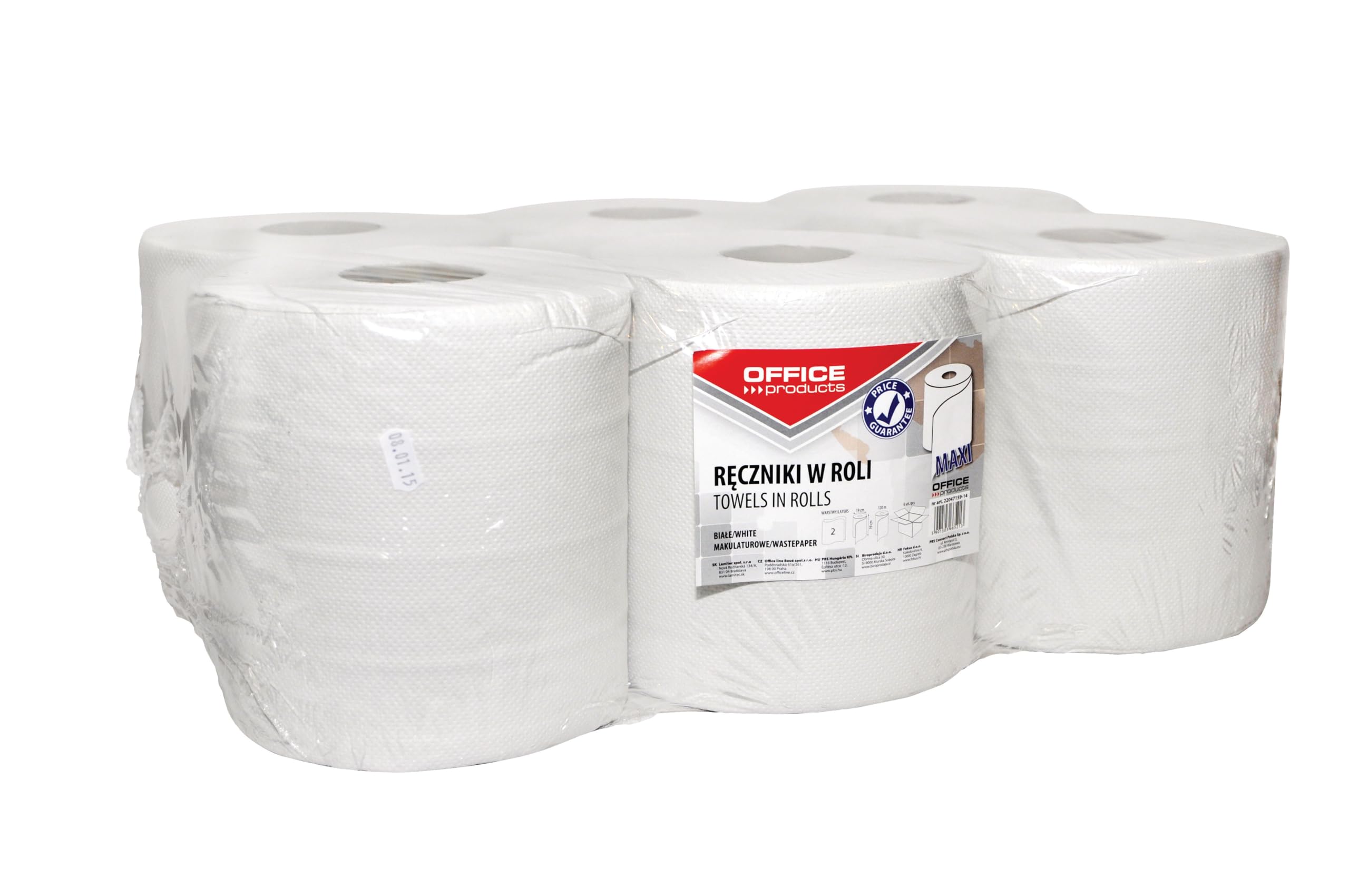 OFFICE PRODUCTS Maxi asciugamani di carta riciclata, per la casa, per l'ufficio, per la cucina, per il bagno, la toilette, la pulizia, l'igiene, 2 strati, 120 m, 6 pezzi, bianco