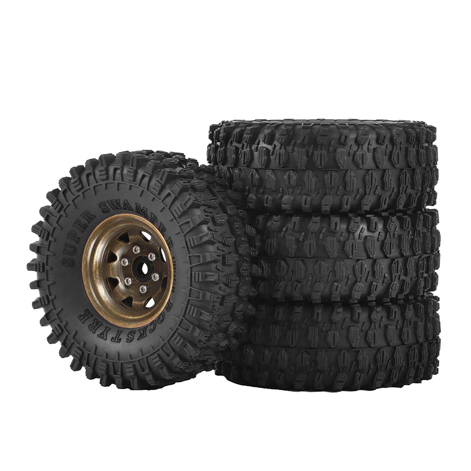 KINGCOO 4Stück 1,55 Zoll RC Metall Beadlock Felgen Räder mit 95mm Alle Terrain Gummireifen Set für 1/10 RC Crawler Auto für Tamiya Axial D90 TF2 CC01 LC70 LC80 Upgrade Teil (8Löcher Bronze)