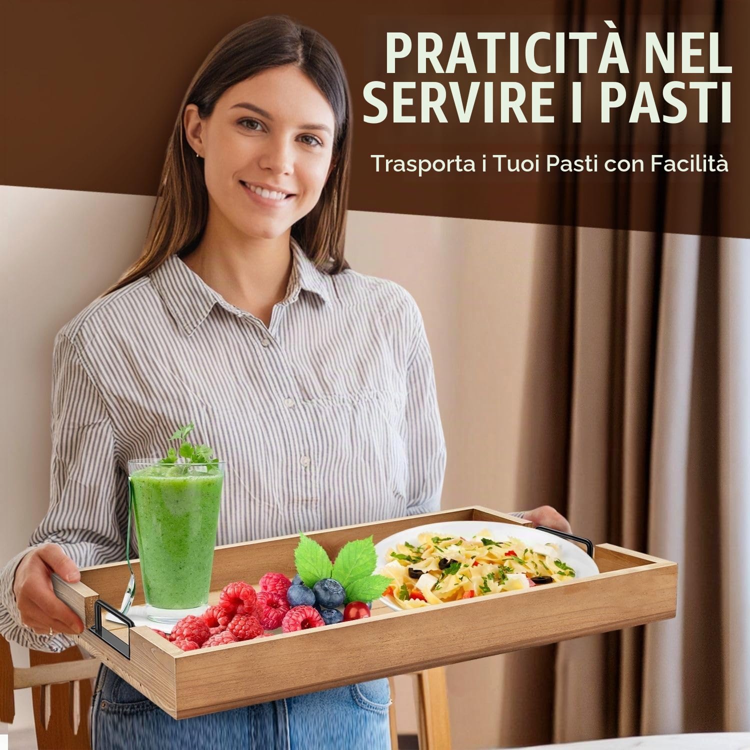 Flexzion Set di 3 vassoi da portata rustici, impilabili in legno di abete con manico, vassoio per la colazione in legno, vassoio per salumi annidato resistente, per tavolino ottomano, set di vassoi