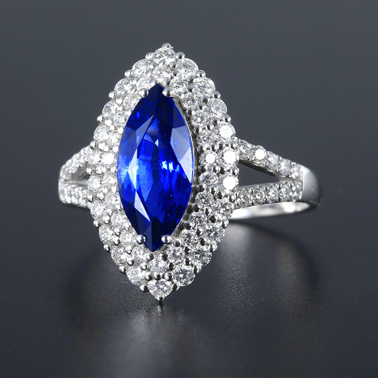 Anelli Donna in Argento 925, Anello Donna Fidanzamento Lusso Brillante Halo Zaffiro Blu Sintetico da 2.12ct e Moissanite da 0.86ct Anello per Fidanzata, Sposa Argento