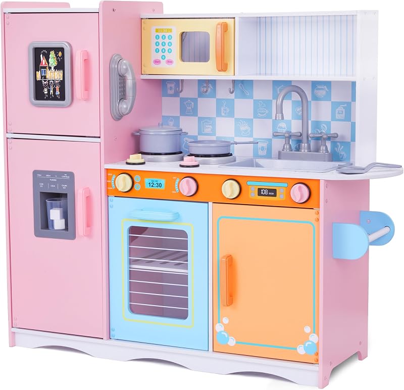 Lil' Jumbl Juego de cocina para niños, cocina de madera, dispensador de hielo, colorido | Perillas que hacen clic, teléfono de juego y toallero, cocina para niños pequeños, cocina de juego de madera, edades de 3 años en adelante