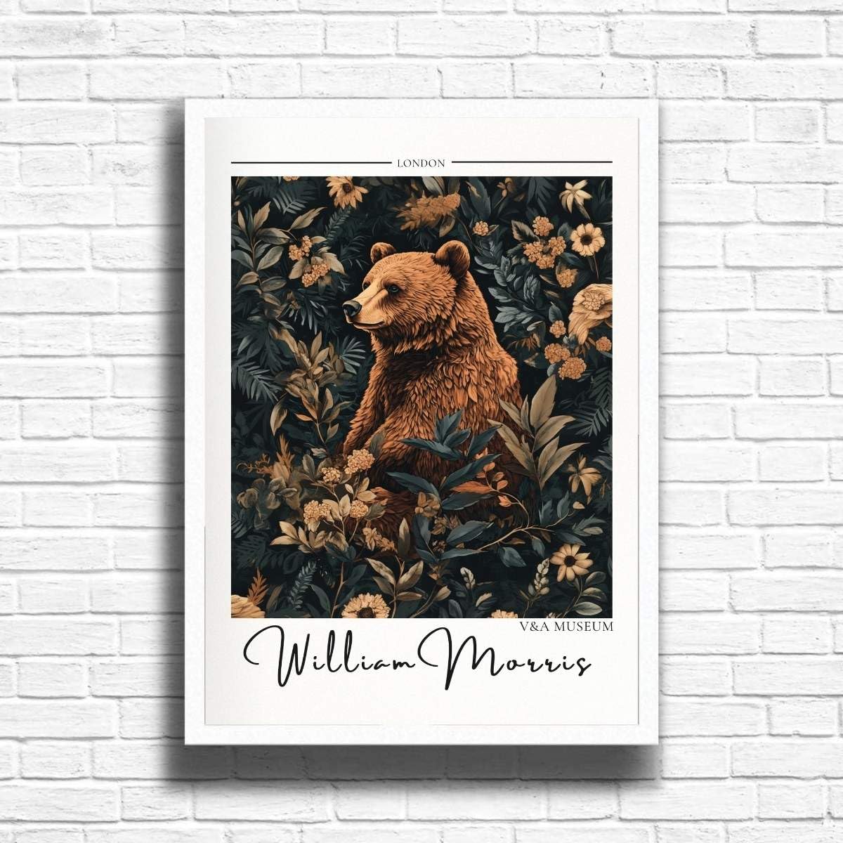 William Morris Bear Print, Botanical print, Dark Cottagecore decor, Mid century poster, Flower Market print, nature, illustration, Art Nouveau home deco (A4 Framed (White))