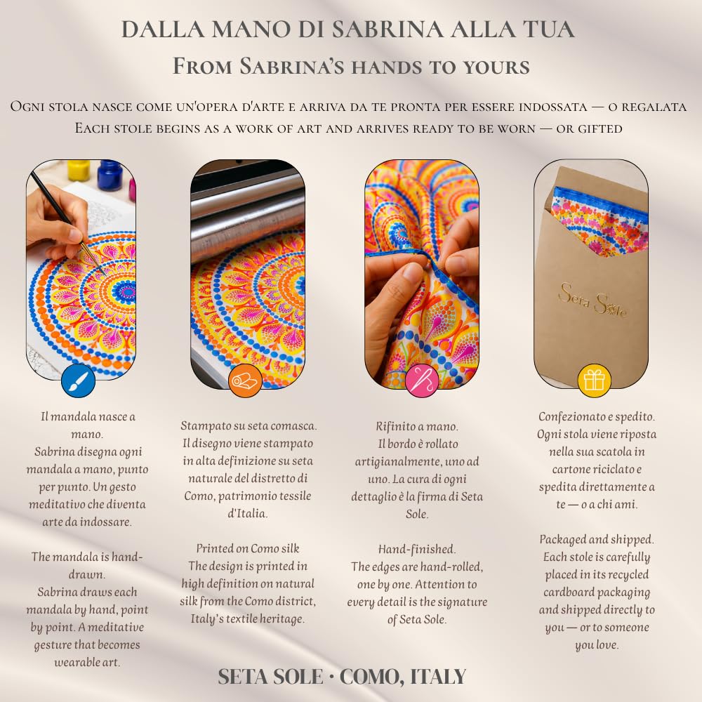 Sciarpa in 100% Seta Made in Italy 45x160 cm - Mandala Disegnato a Mano - Stola Lunga Elegante Donna, Accessorio Moda Artigianale Lago di Como