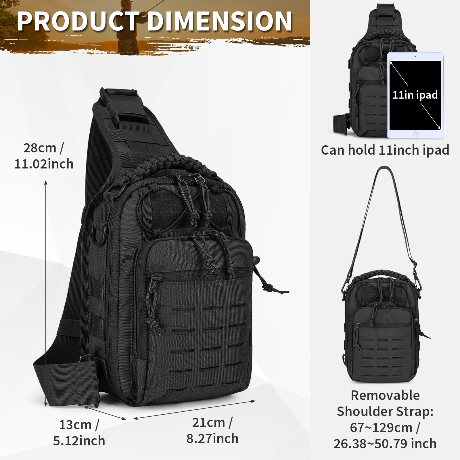 FANDARE Tactische borsttas, militaire schoudertas, sling bag, voor heren en dames, schoudertassen met USB-oplaadpoort, schoudertas, crossover rugzak voor reizen, wandelen, crossbody pack, zwart