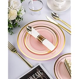 175PCS Pink Plastic Dinnerware Set, Disposable Party Plates for 25 Guests, Include: 50 Pink and Gold Plastic Plates, 25 Pre Rolled Napkins with Gold Silverware, 25 Cups for Wedding, Christmas