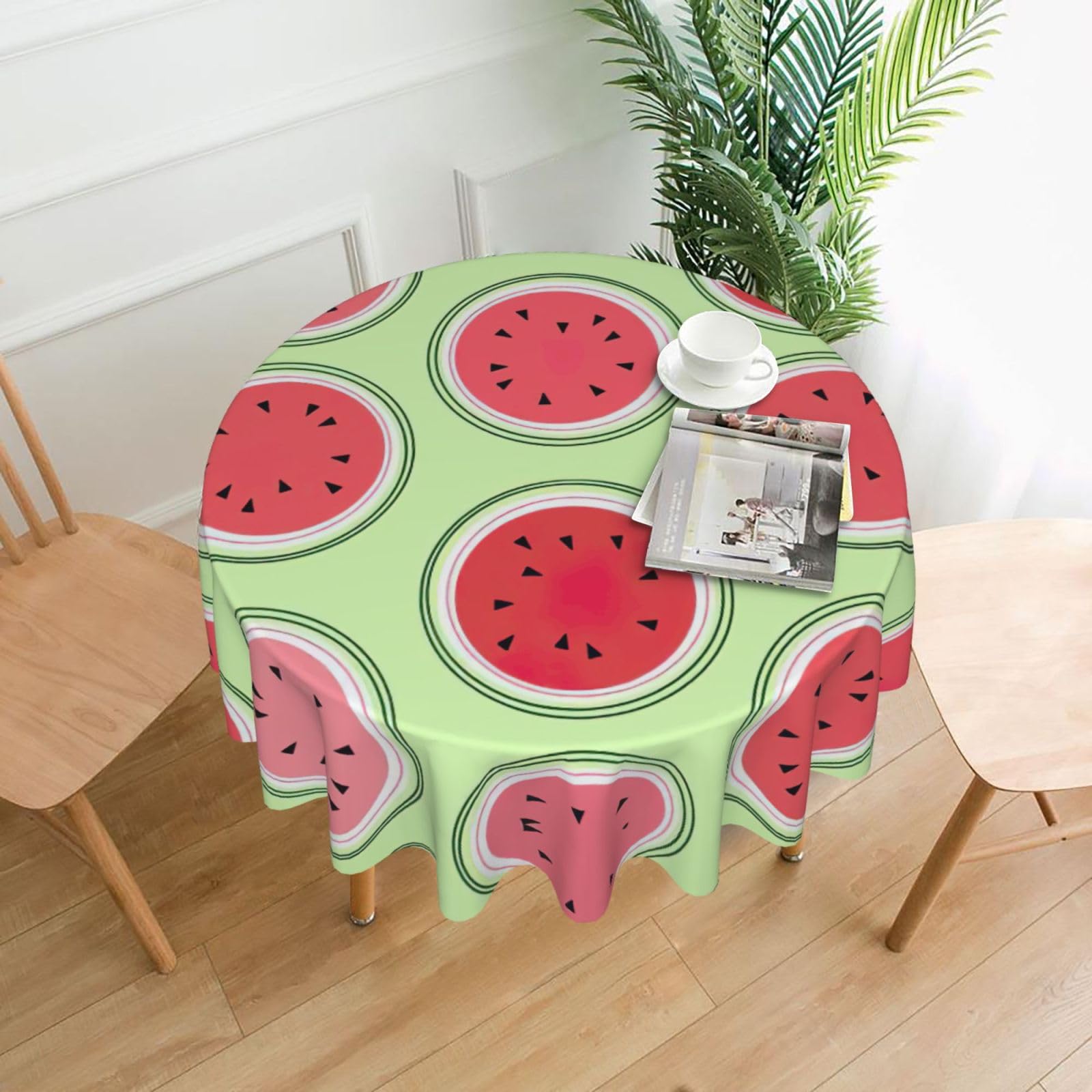 Uusnwaa Watermelon Green Print Round Tablecloth 60 Inch, Stain Wrinkle Resistant Washable Polyester Table Cover For Kitchen Party