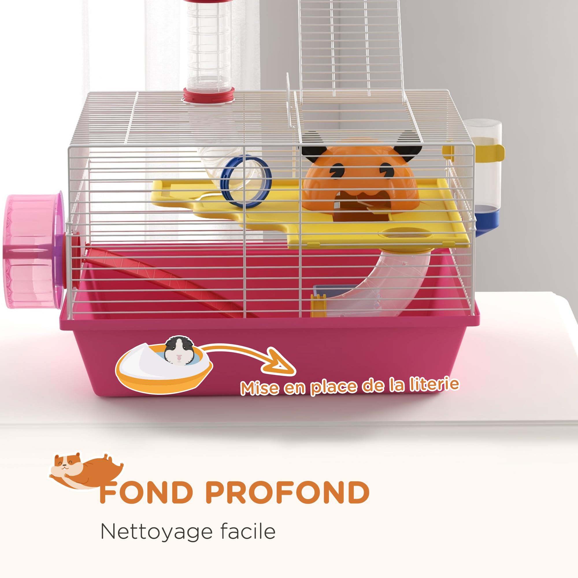 PawHut Cage à Hamster Rat Rongeur avec Plateforme, biberon Eau, Roue, maisonnette, 34 x 27 x 25 cm, Rose | Biberon Eau, Roue, Maisonnette