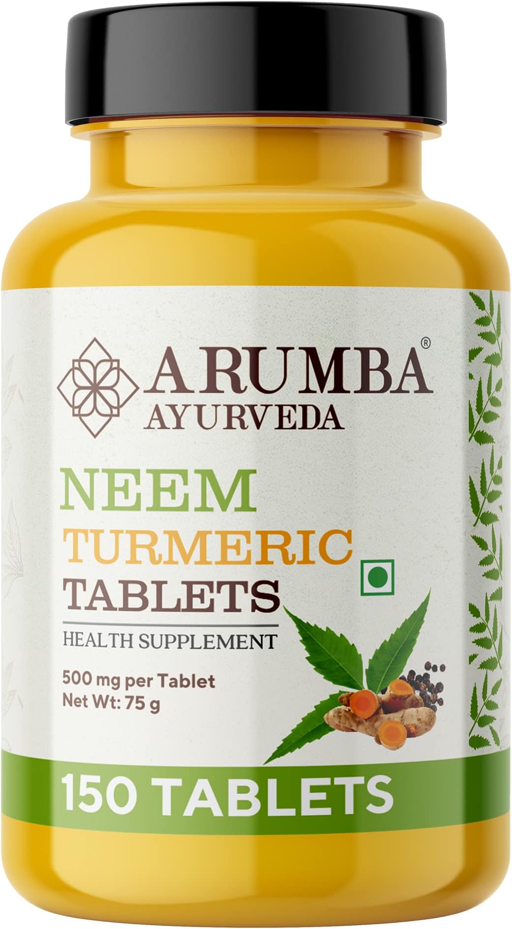 Ayurveda Neem Turmeric with Black pepper Tablets 150 Tablets, Pure Turmeric Root Powder and Neem Leaf Powder