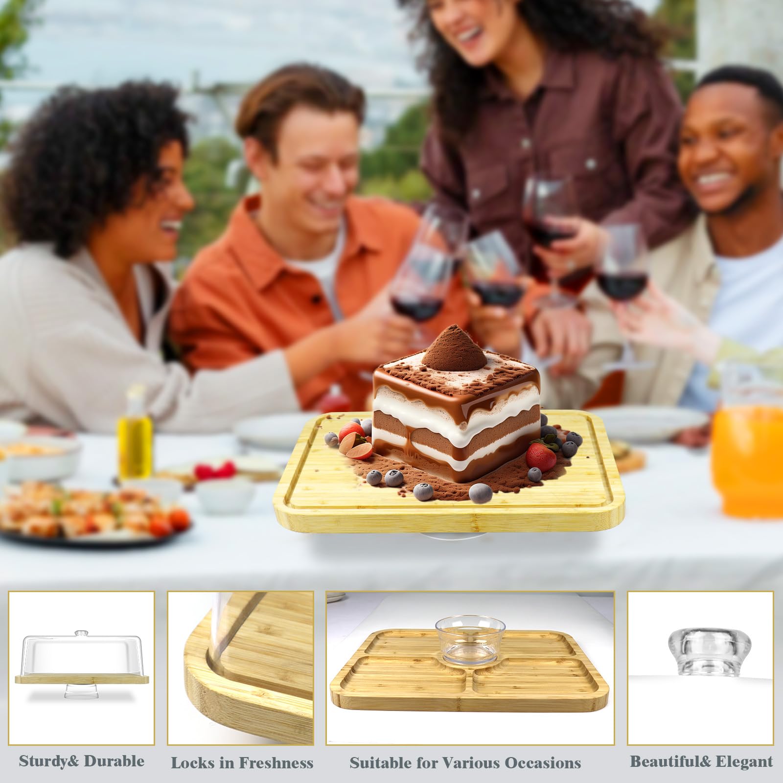 Cutesun Soporte para tartas de madera de bambú con tapa, soporte rectangular para tartas, juego de exhibición de mesa de postre 2 en 1 de 16 pulgadas y tabla de embutidos para queso, patatas fritas