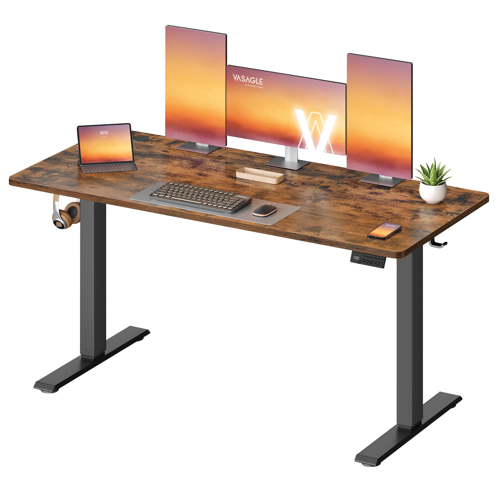 VASAGLE Electric Standing Desk, Height Adjustable Desk, Sedentary Reminder, 4 Memory Heights, for Home Office, 140 x 60 cm, Rustic Brown LSD314KD01
