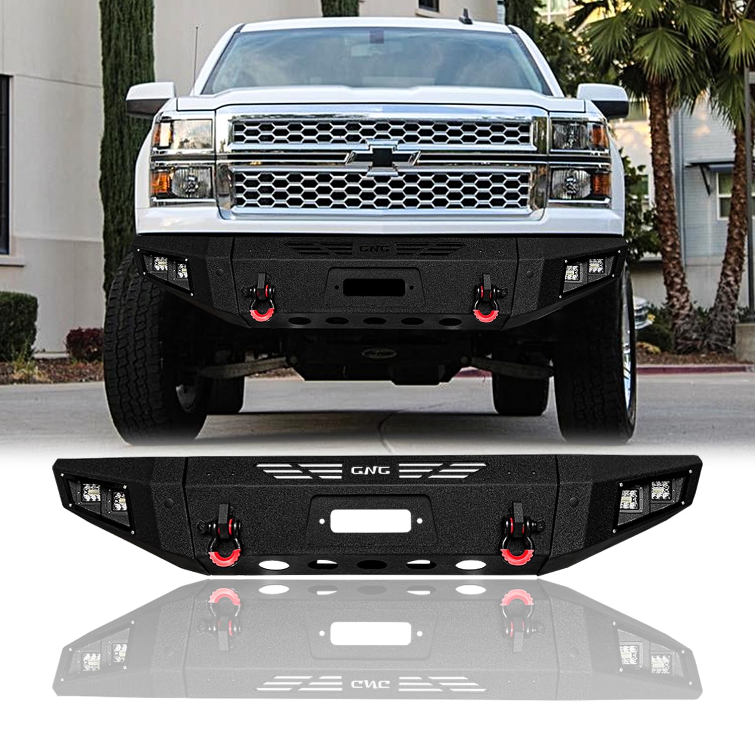 LUYWTE Steel Front Bumper With Winch Plate&Lights For 2014-2015 Chevy Silverado 1500（Black Texture）