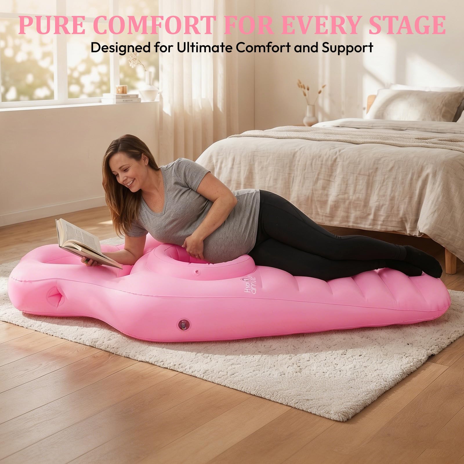 Almohada hinchable de embarazo, colchón de aire para embarazadas, almohada abdominal para embarazadas, almohada de embarazo, cojín de PVC flocado, para aliviar la espalda y el abdomen, con bomba (rosa