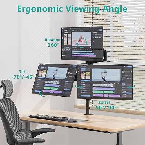 Miniatura 3 de WALI Soporte de monitor triple para pantallas de 17 a 32 pulgadas, soporte de escritorio de 3 monitores totalmente ajustable con abrazadera y base