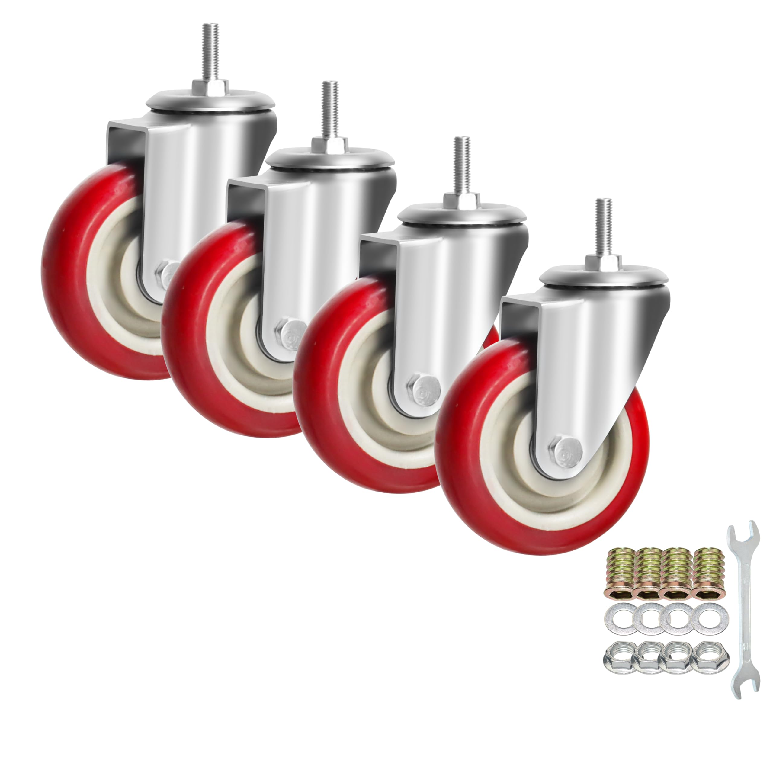 Ruote piroettanti con perno, ruote robuste con doppio bloccaggio e ruote in PU rosse, silenziose e senza segni, con filettatura metrica M10-1.5x25mm, ruote per carichi pesanti, confezione da 4