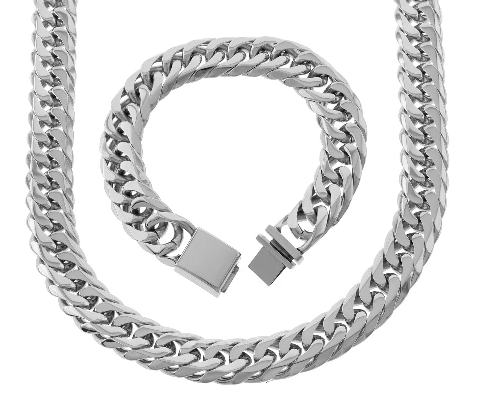 SPARKLE XOXO Solid Stainless Steel 18mm Miami Cuban Link Chain And Bracelet Set