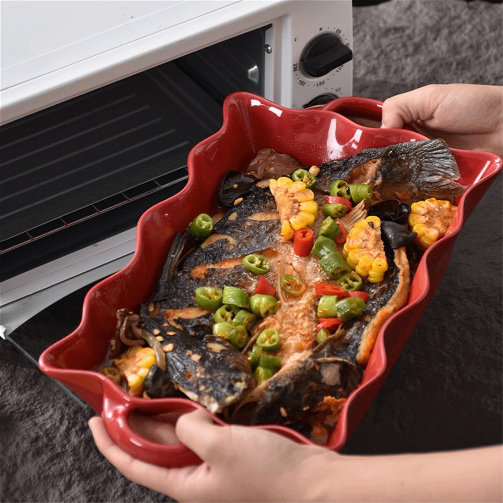 Plat Four Plat de Cuisson en céramique Rouge Vintage avec Bords ondulés Plat Gratin