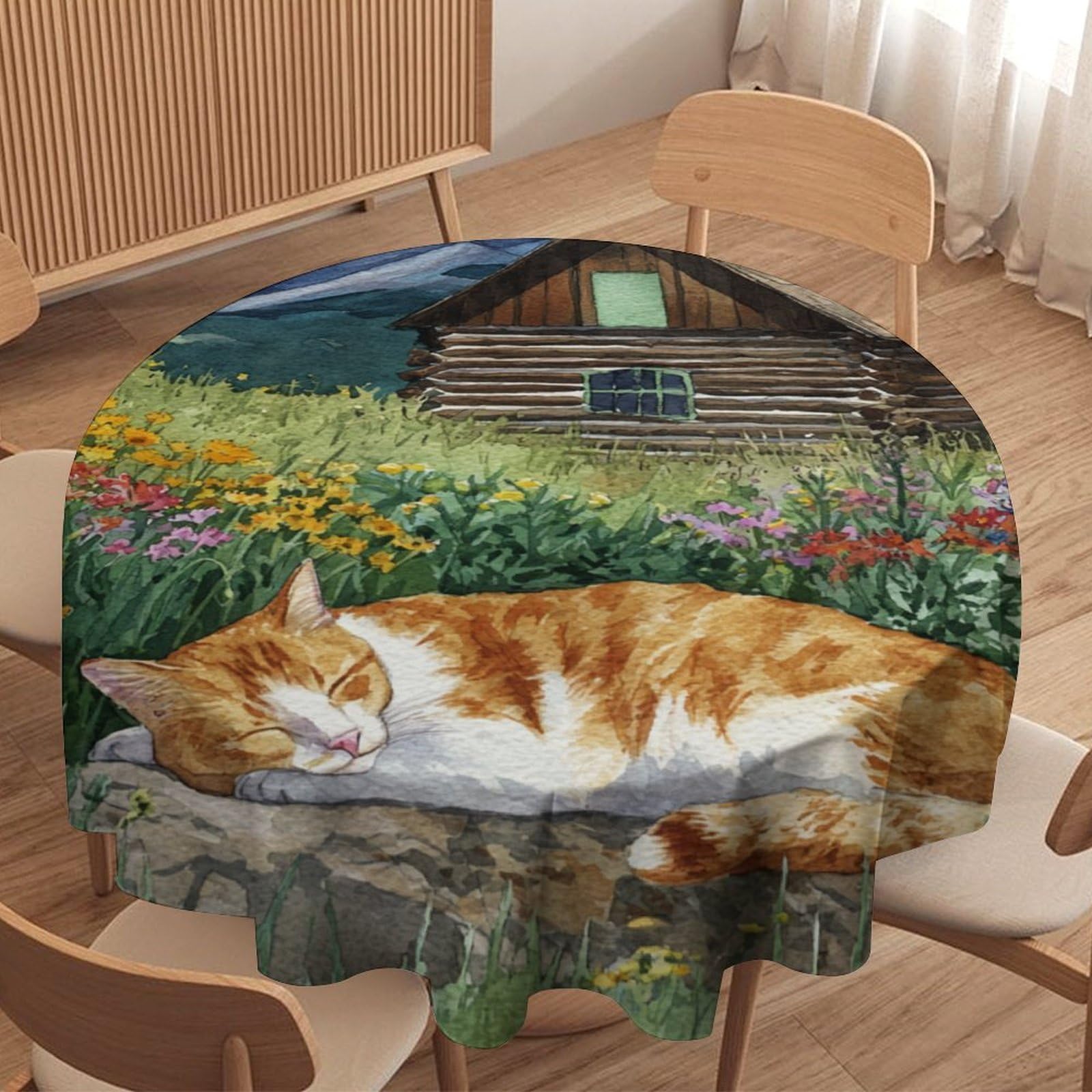 LUYYSKY Retro Watercolor Cute Cat Waterproof Round Tablecloth Classic Aesthetic Spring Log Cabin Plants Floral Animals Kitten Washable Table Cover for Kitchen-91.4" Wx91.4 L cm