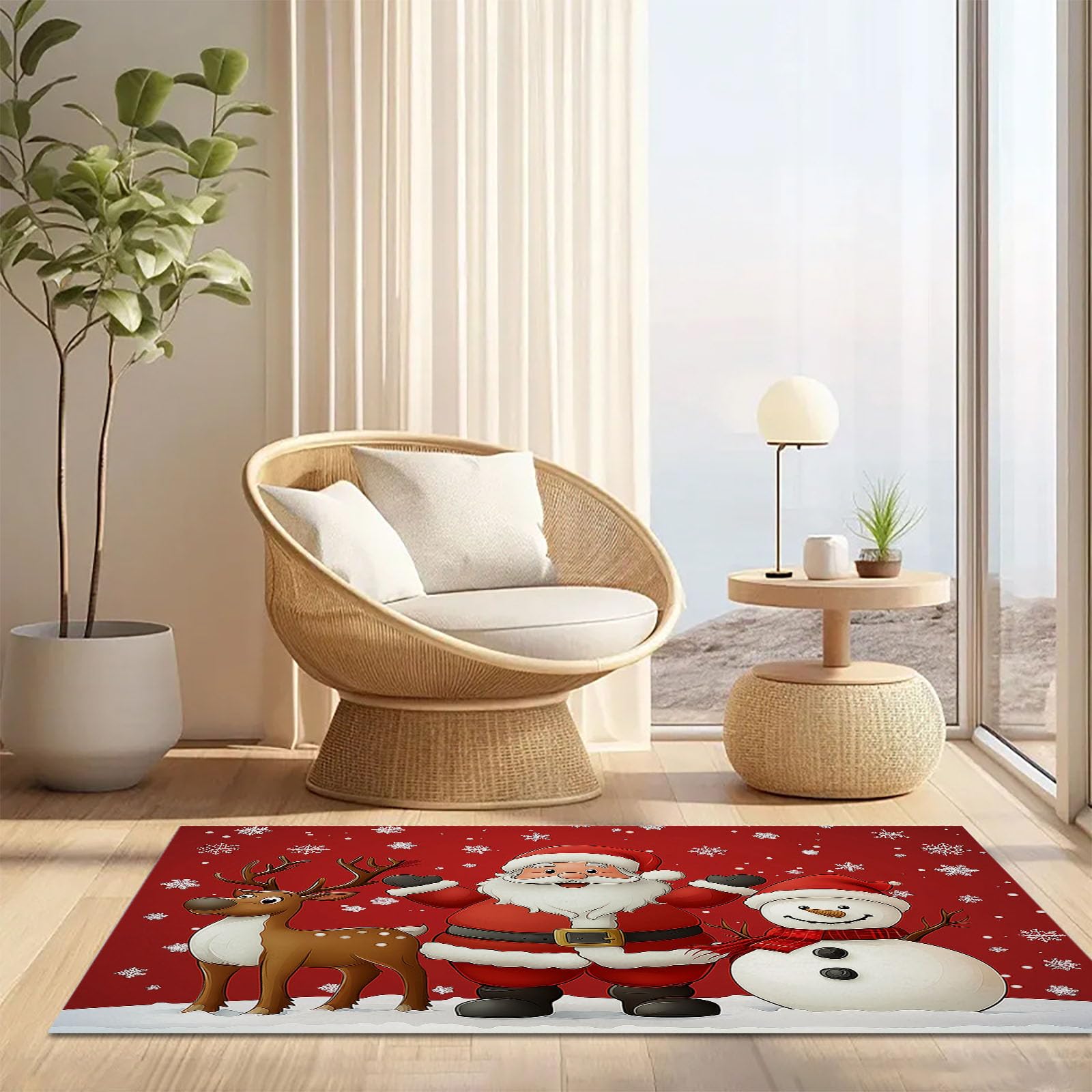 Felpudo Entrada Casa 90x150cm Alfombrilla Antideslizante Papá Noel, Los Renos Y El Muñeco De Nieve, Alfombra Absorbente Tema Navideño para Puerta Interior y Exterior, Pasillo, Oficina - Rojo