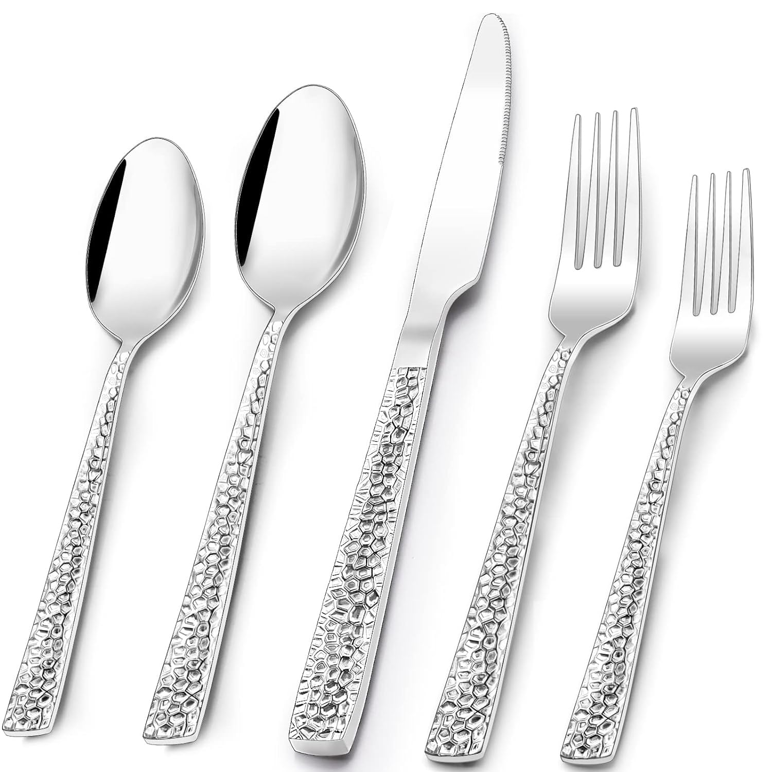 Angju 20-Piece Hammered Silverware Set, Food-Grade Stainless Steel Flatware Set for 4, Home Kitchen Cutlery Utensil Set, Include Knifes Forks and Spoons Silverware, Mirror Finish, Dishwasher Safe