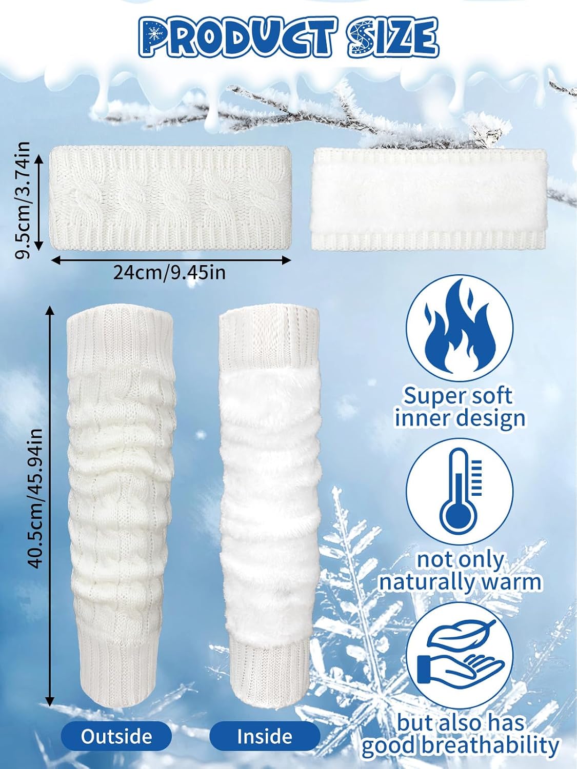 2 Pack Winter Fleece Lined Leg Warmers and Twisted Headband Set, Knit Long Leg Warm Boot Sock for Women Skating