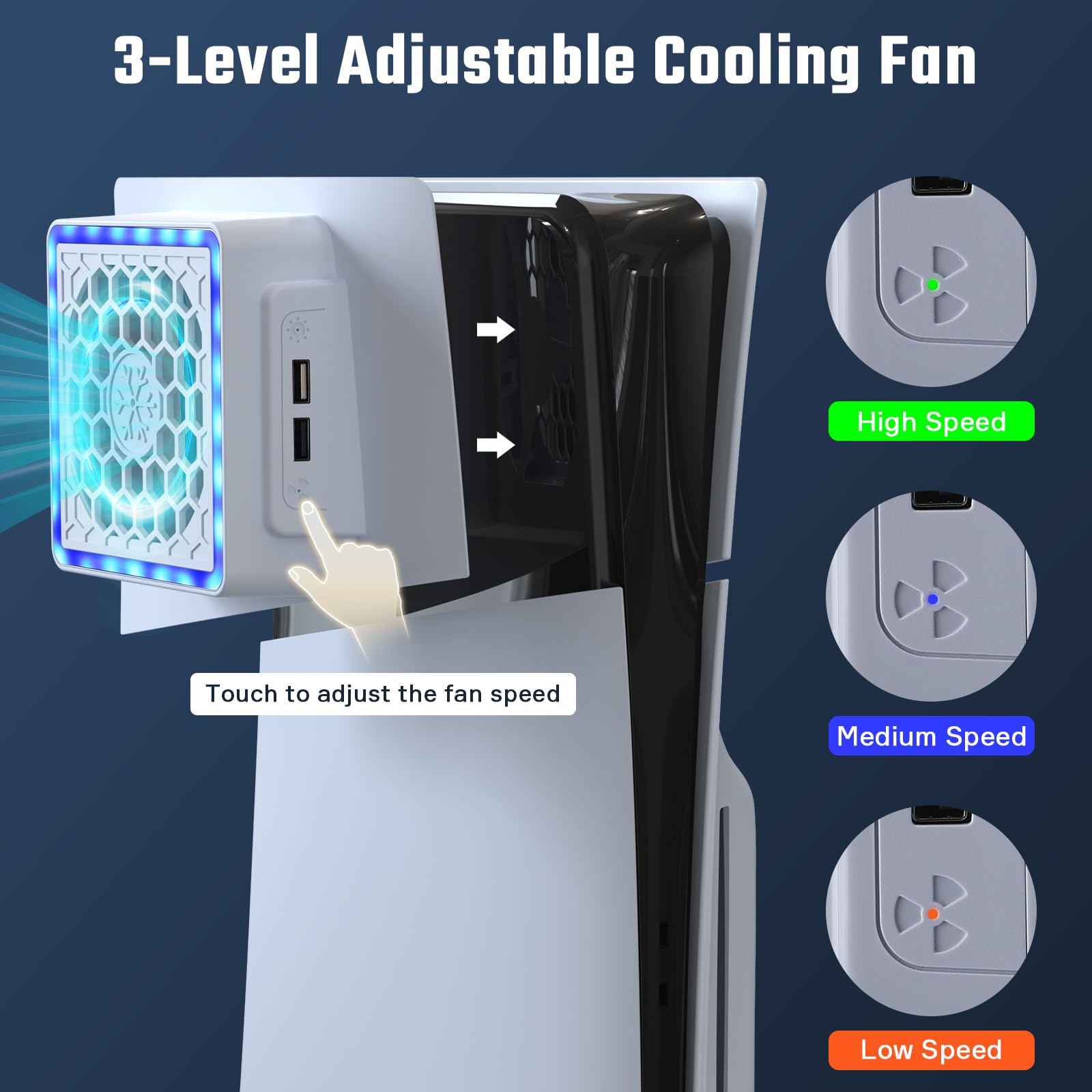 Ventilador de Refrigeración para PS5 Slim, Ventilador para PS5 Slim con 8 Modos RGB, Ajustable de 3 Velocidades, 2 Puertos USB, Estación de Refrigeración para PS5 Slim Disc & Digital Edition