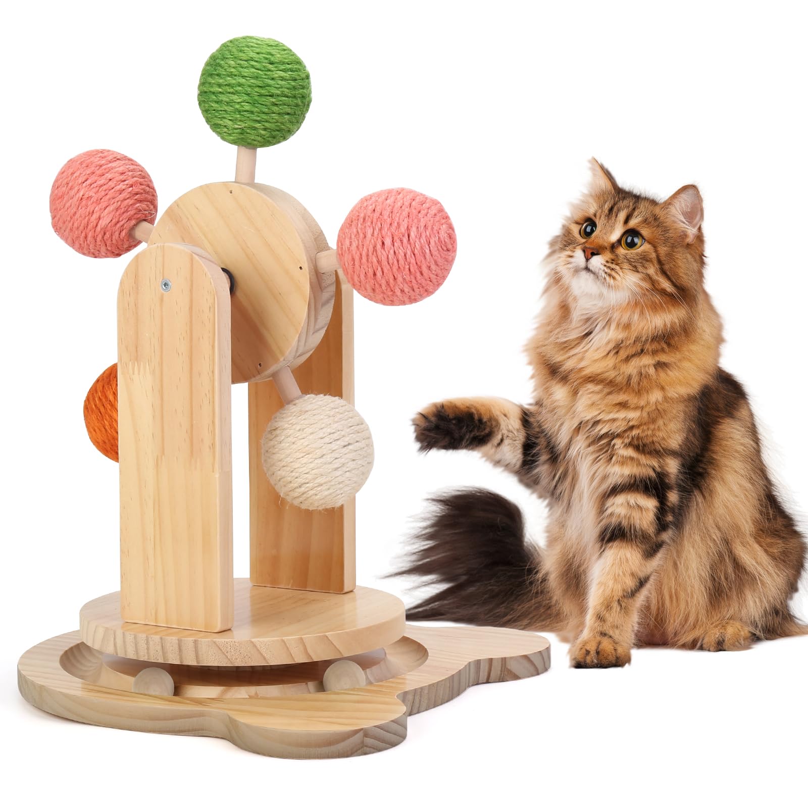 Roulettes pour chat d'intérieur, piste de balle 2 en 1 pour chat, jouet interactif à griffer pour chat, balle griffoir pour chat, base en bois massif