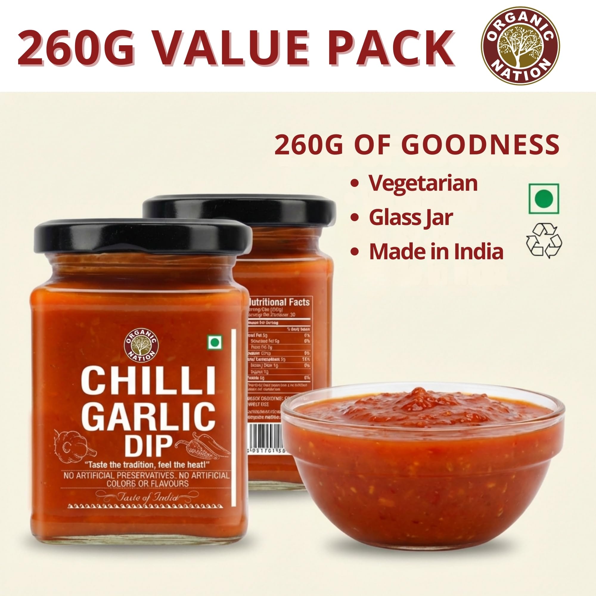 ORGANIC NATION Flavorful Chilli Garlic Dip - Gourmet Chilli Sauce with Rich Garlic & Aromatic Spices, Spicy Chili Crisp - Perfect for Dipping, Cooking, and Marinades, No Preservatives - 260g 1