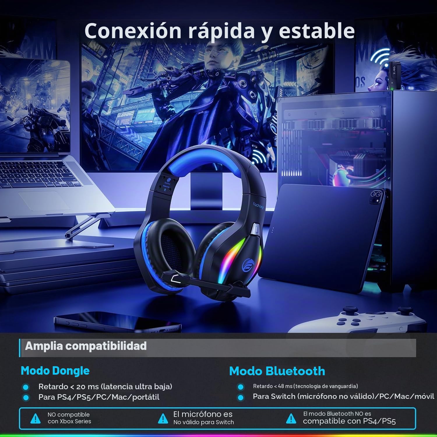 Fachixy FC100 - Auriculares inalámbricos con micrófono, 2,4 G, para PS5, PS4, PC, Switch, Mac, Sonido Envolvente, Bluetooth, Auriculares inalámbricos con luz LED, más de 50 Horas de duración de la
