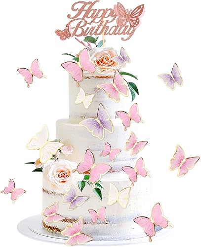 ZpiLkes 30 adornos 3D coloridos para tartas de mariposa con 1 decoración de pastel de cumpleaños para fiesta de cumpleaños, suministros para