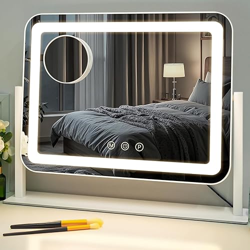 Espejo de maquillaje iluminado, espejo de tocador LED de 18 x 14 pulgadas con 3 modos de color y brillo ajustable, control táctil inteligente,