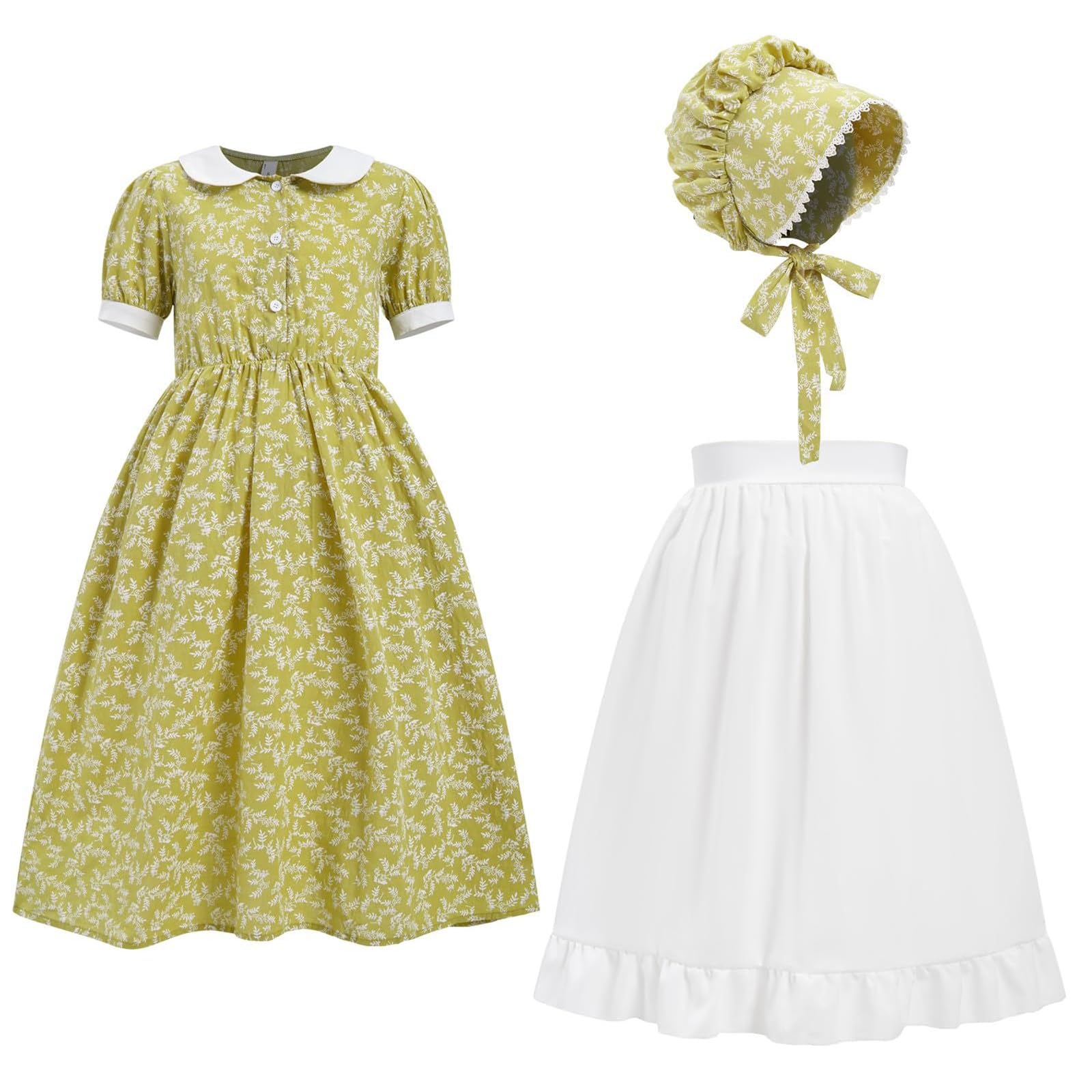 Vestido de niña Estilo jardín con Estampado Floral, Delantal, Sombrero, Traje, Falda Larga, Punto piqué, Suave y Bordado, Ideal para Uso Diario, Primavera Casual/g