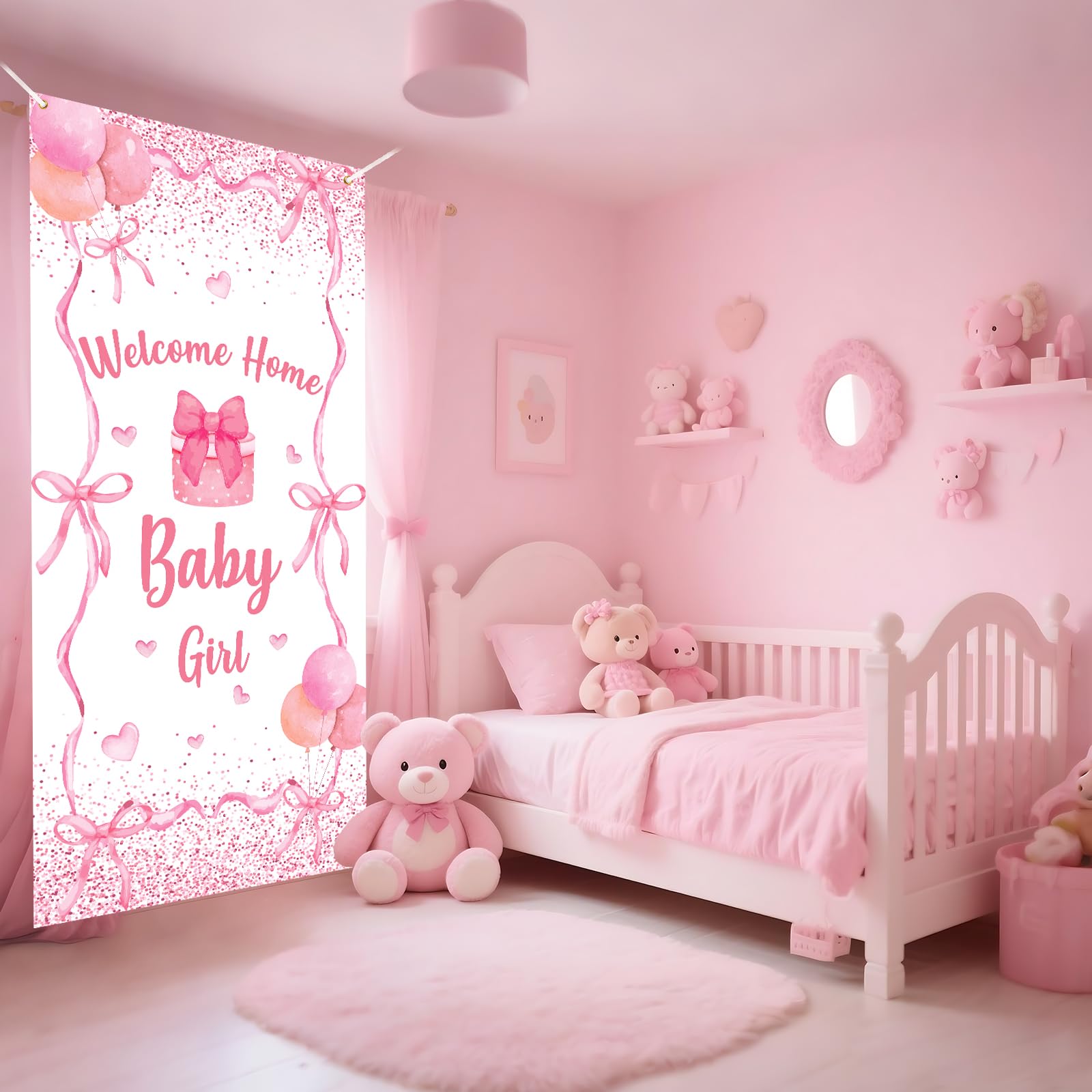 Decoración de pancarta de bienvenida a casa para bebé, decoración de baby shower, diseño de lazo rosa, decoración de coqueta, cubierta de puerta de bebé, telón de fondo para niñas, revelación de